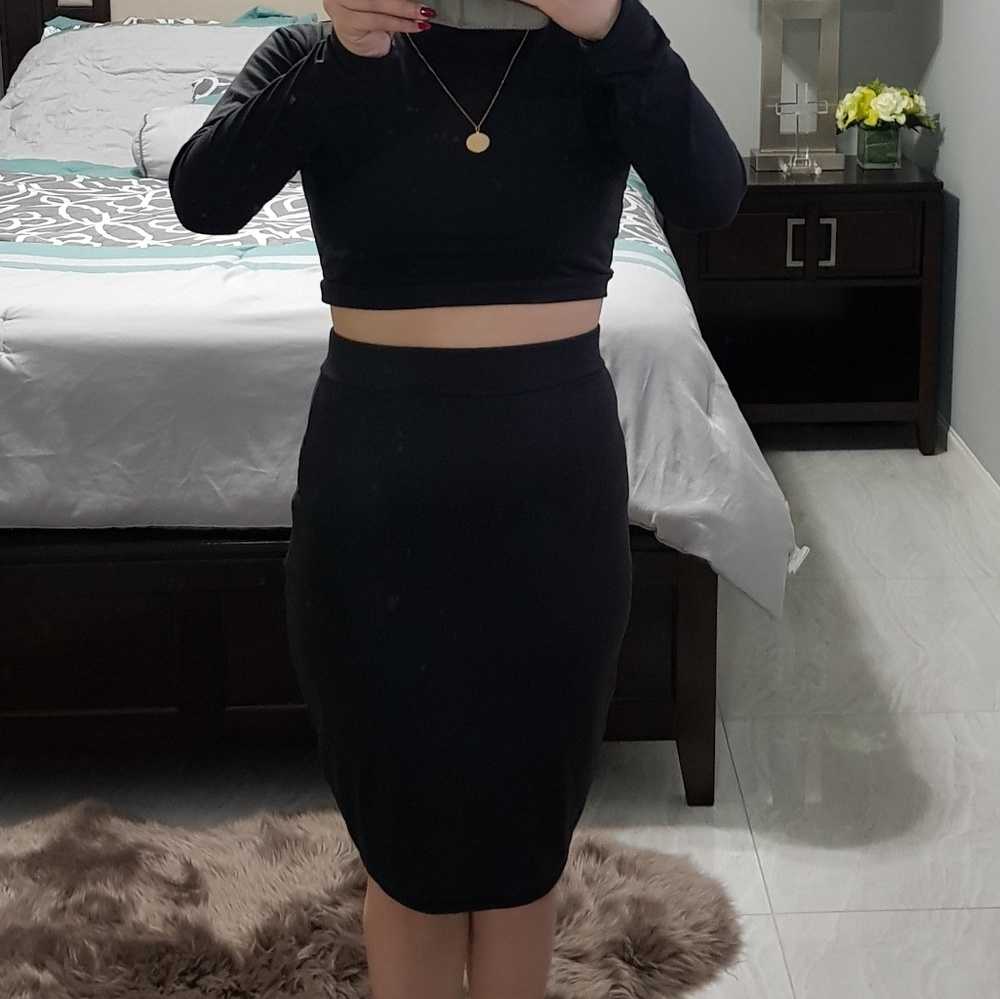 Black Long Sleeves Crop Top Bodycon 2 Piece Set